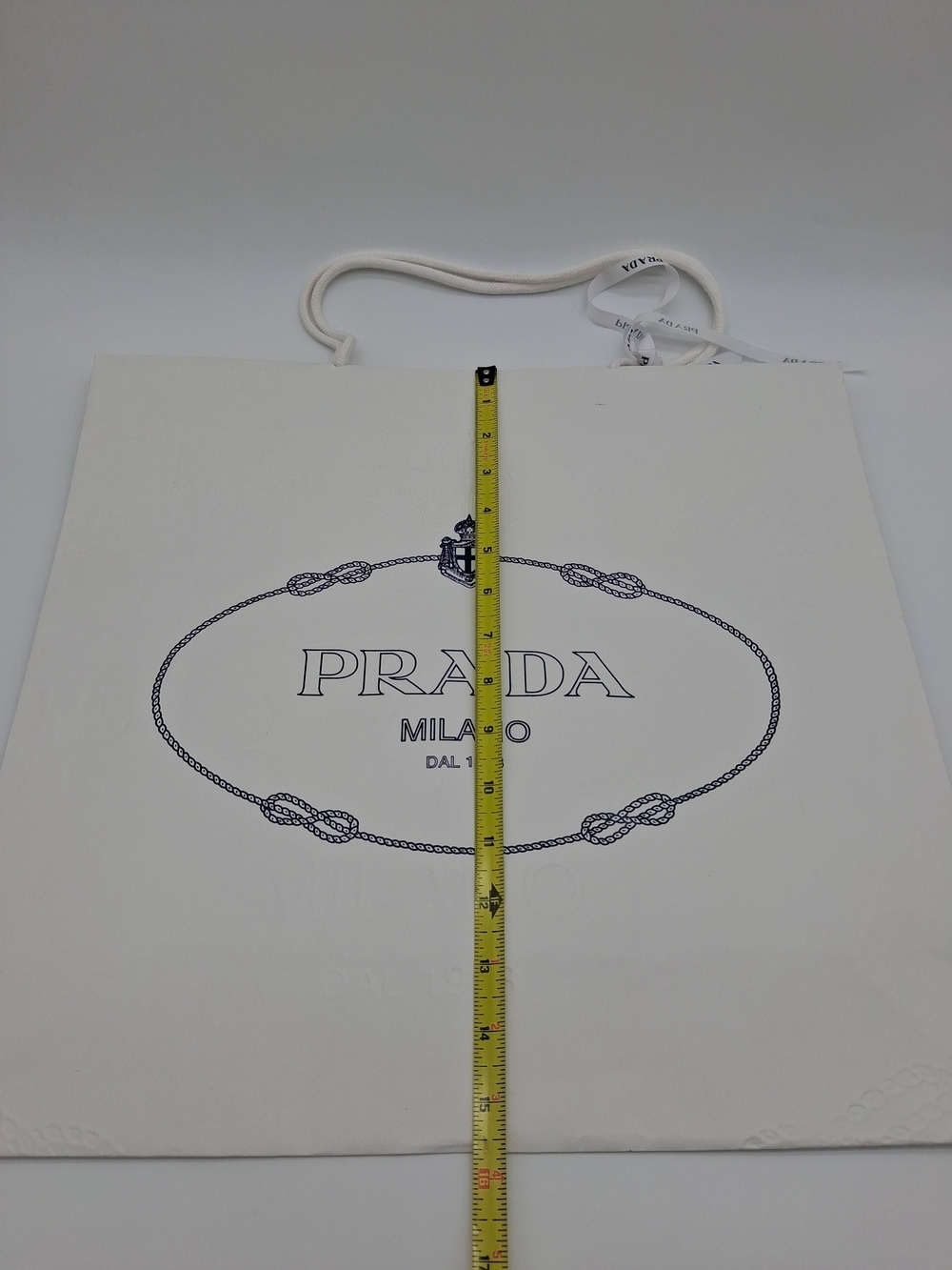 PRADA MILANO White Embossed Rope Motif Luxury Shopping Gift Bag Ribbon EUC - Picture 8 of 8